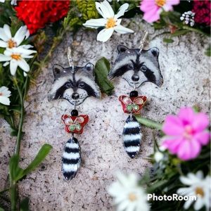Handpainted adorable raccoon earrings w hanging tail OOAK sterling wires